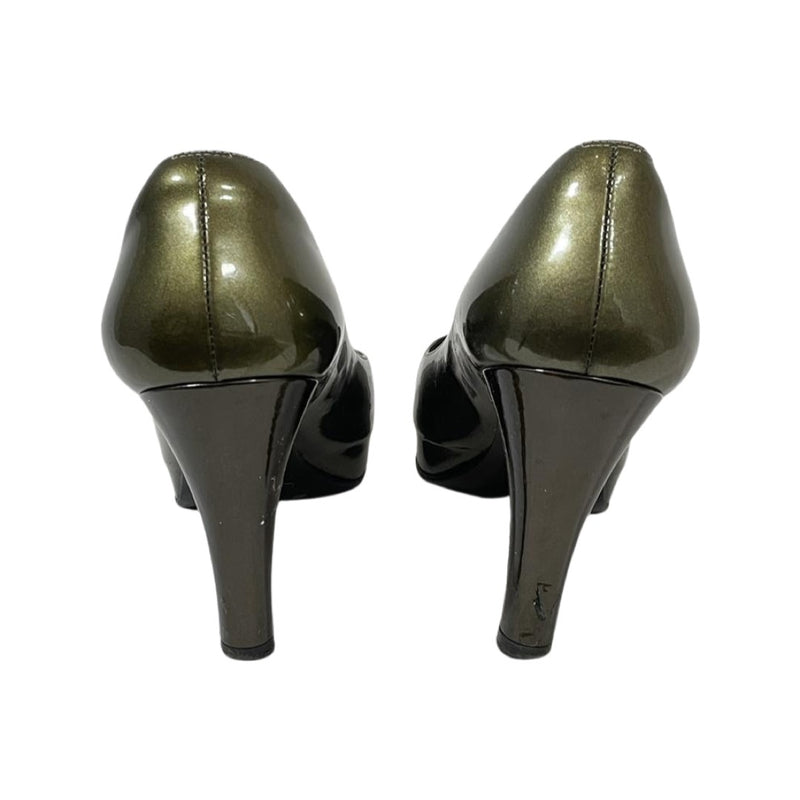 pre-loved Chanel metallic-green patent leather platform heels | Size 36