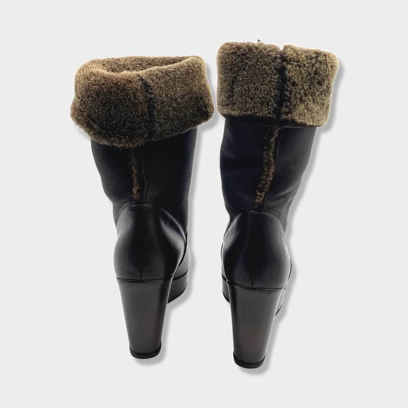 STUART WEITZMAN FUR TRIMMED LEATHER BOOTS