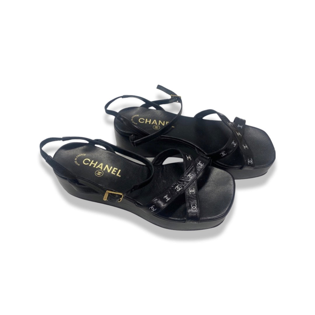 CHANEL black CC logo leather platform sandals