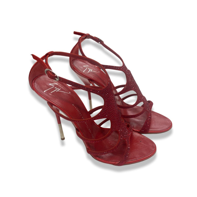 pre-loved GIUSEPPE ZANOTTI red leather sandal heels with rhinestones