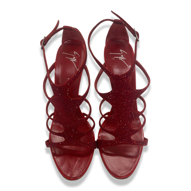 second-hand GIUSEPPE ZANOTTI red leather sandal heels with rhinestones