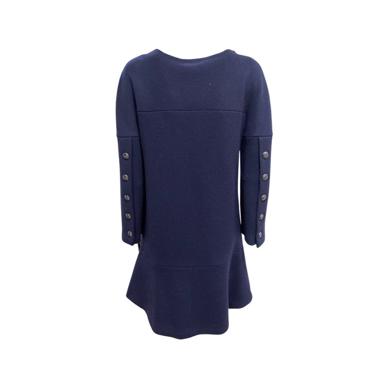 pre-loved CHANEL navy woolen dress with CC logo buttons | Size FR38