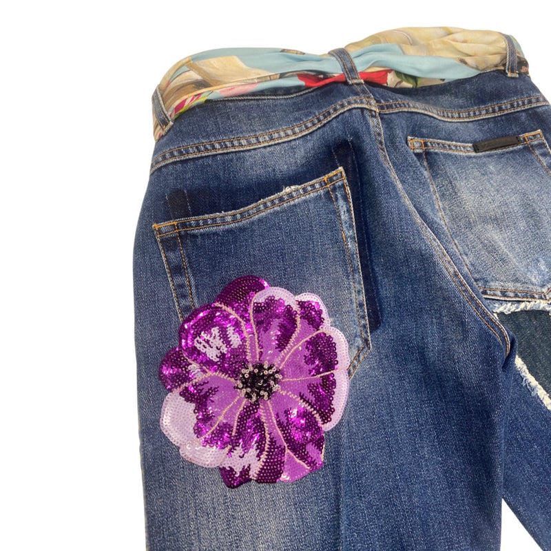 DOLCE&GABBANA jeans with silk belt and floral details