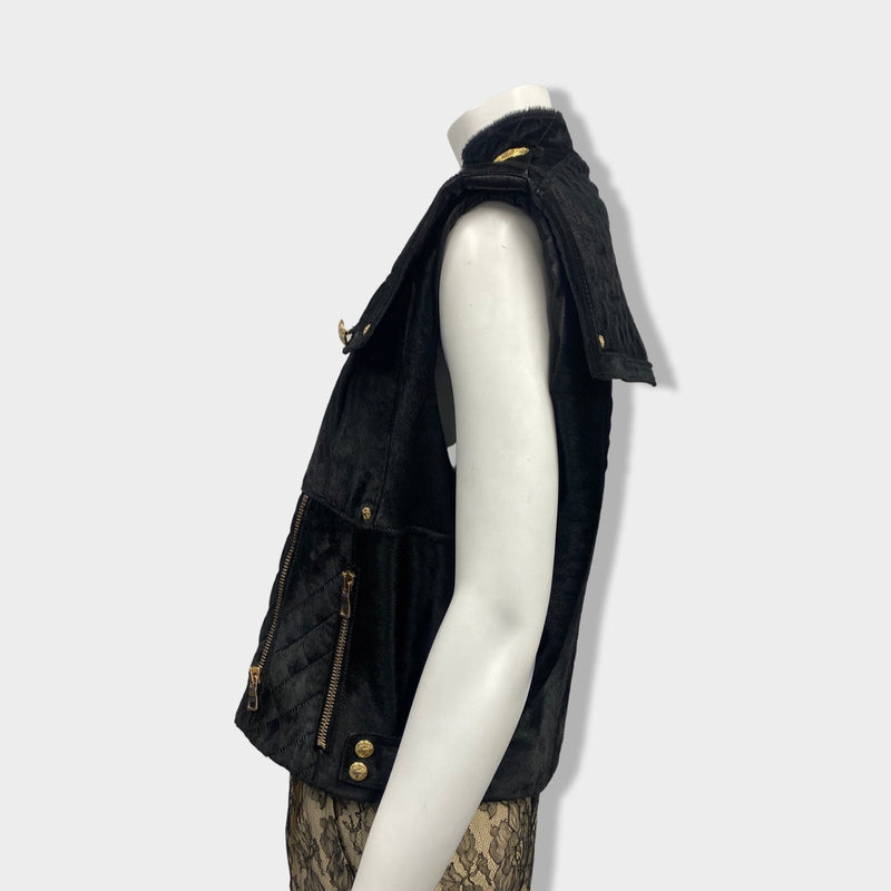 BALMAIN black pony and leather vest with gold hardware