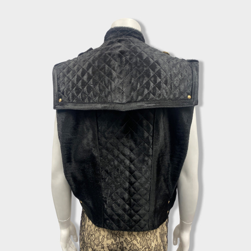 BALMAIN black pony and leather vest with gold hardware