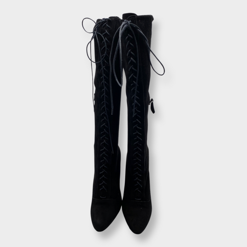pre-worn ALAÏA black suede lace up thigh-high boots