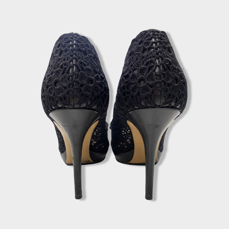 SALVATORE FERRAGAMO black lace open-toe pumps