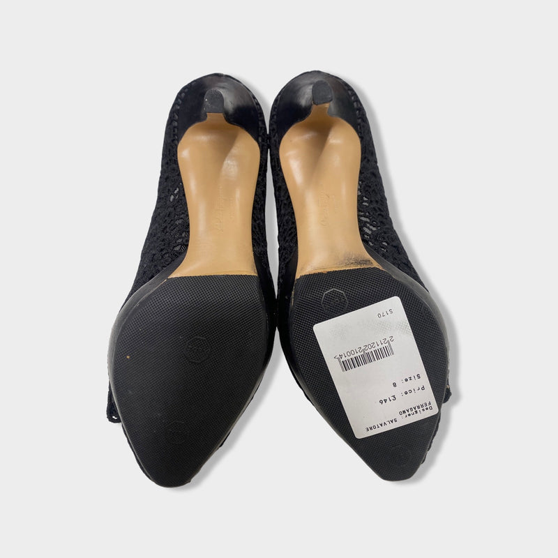 SALVATORE FERRAGAMO black lace open-toe pumps