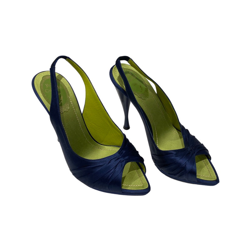 RENE CAOVILLA navy satin open toe sandal heels