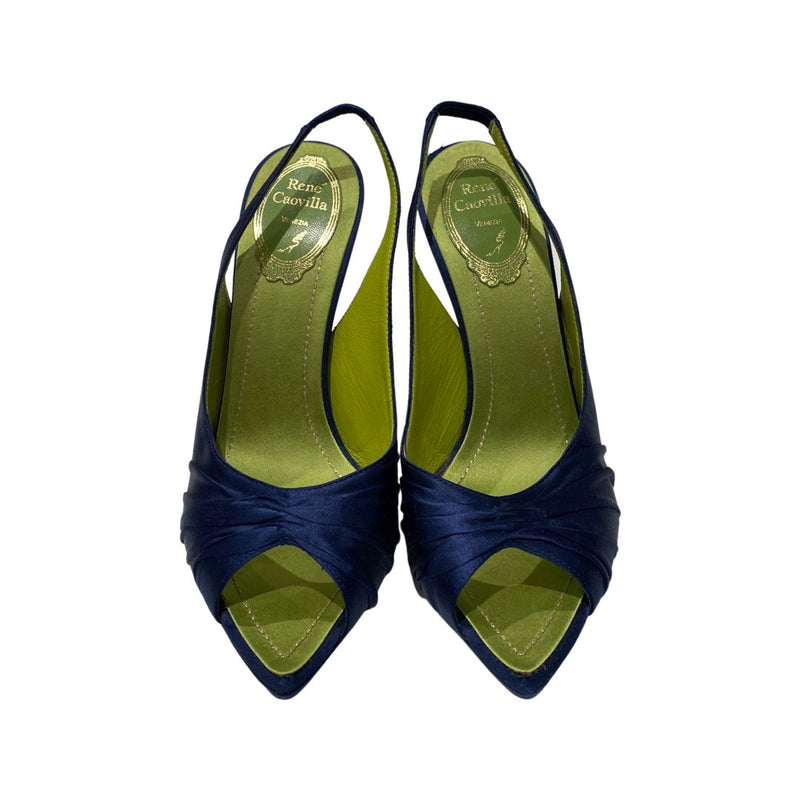 RENE CAOVILLA navy satin open toe sandal heels