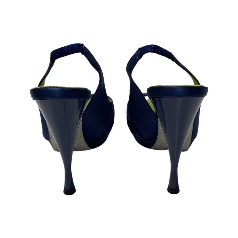 RENE CAOVILLA navy satin open toe sandal heels