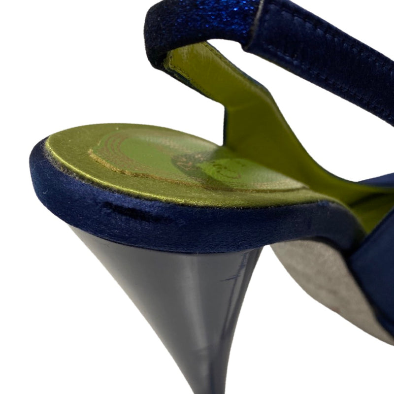 RENE CAOVILLA navy satin open toe sandal heels