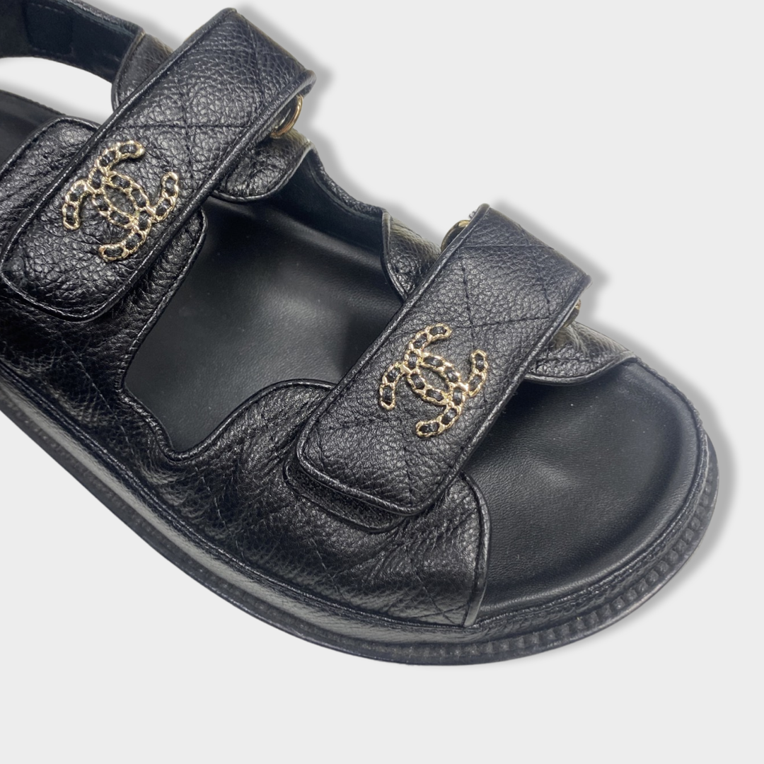 Chanel Black Quilted Corduroy CC Dad Sandals Size 7.5/38 - Yoogi's Closet