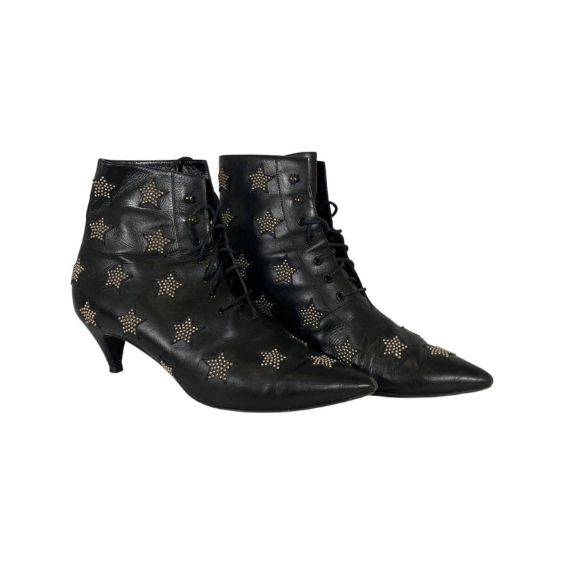 second-hand Saint Laurent Black Leather Star Studded Lace-up Boots | Size 40