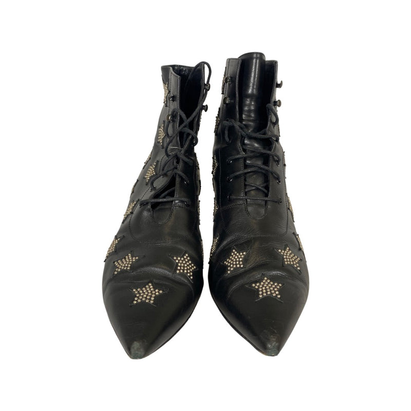 second-hand Saint Laurent Black Leather Star Studded Lace-up Boots | Size 40