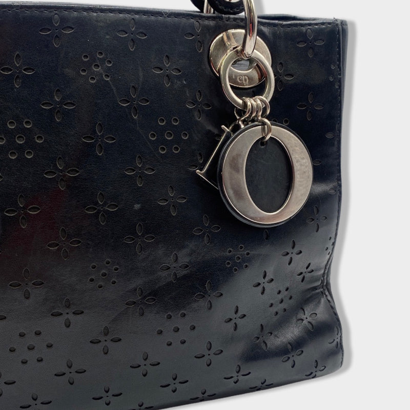 second-hand CHRISTIAN DIOR black Lady Dior lazer cut handbag with silver hardware