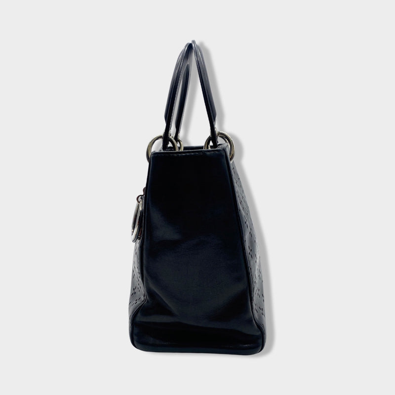 CHRISTIAN DIOR black Lady Dior laser cut handbag with silver hardware