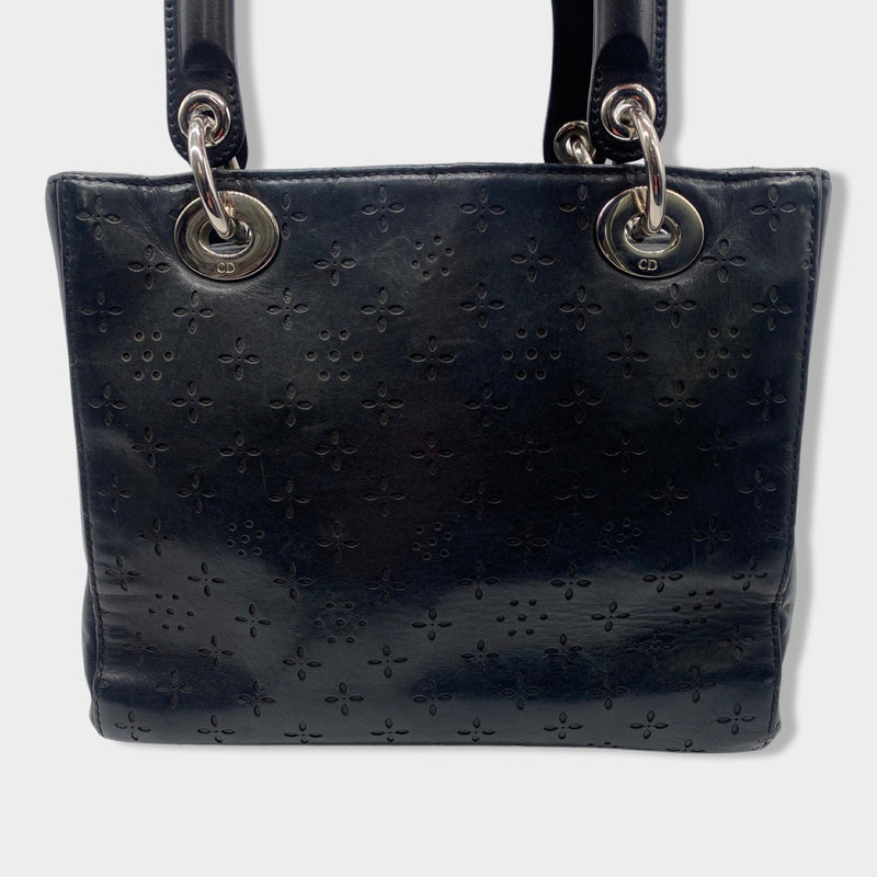 CHRISTIAN DIOR black Lady Dior laser cut handbag with silver hardware