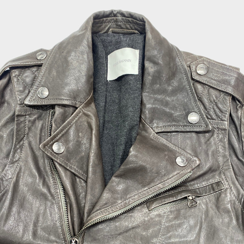 second-hand PIERRE BALMAIN grey leather zipped biker jacket | Size EU48