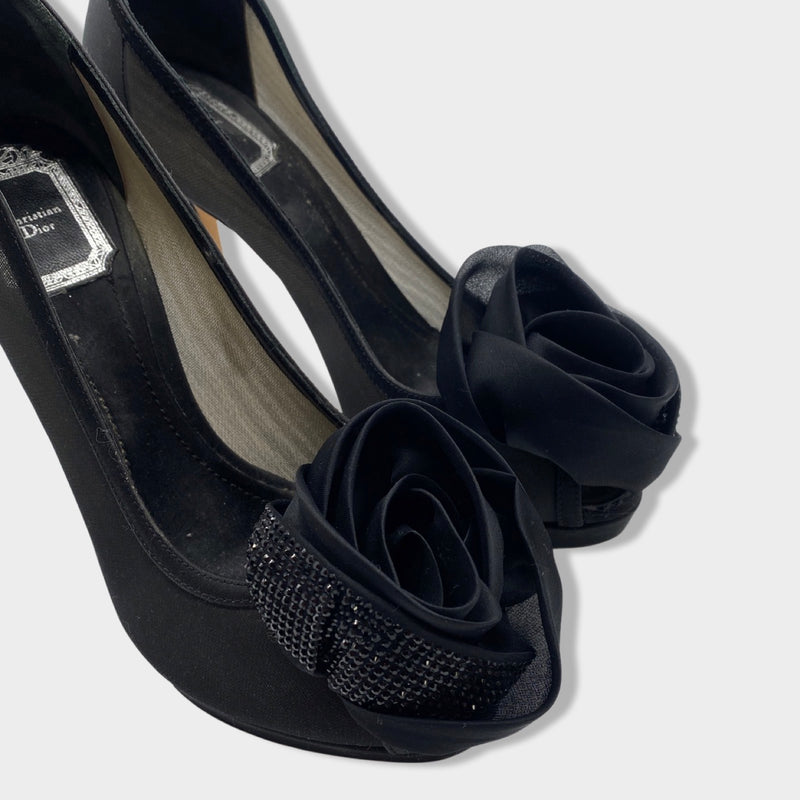 pre-owned CHRISTIAN DIOR black satin open-toe pumps with rhinestones | Size EU37 UK4