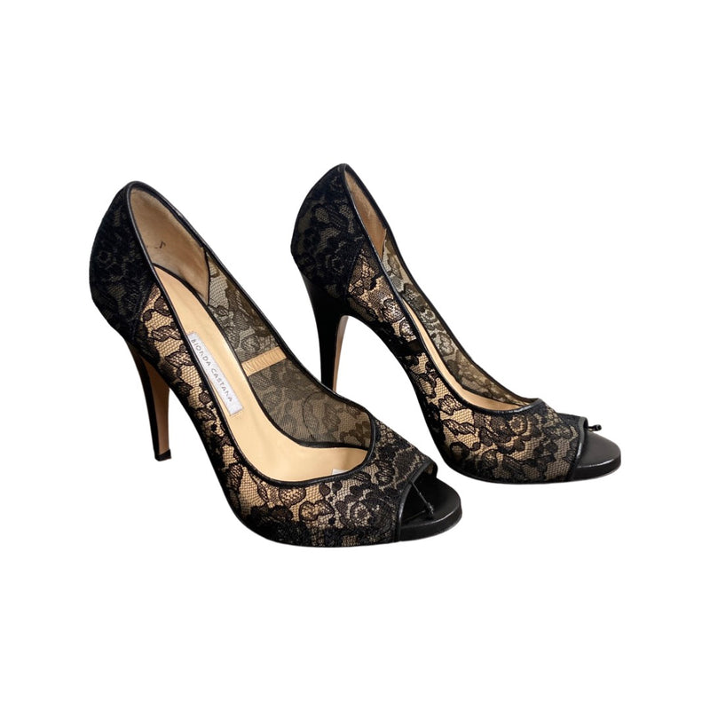 pre-loved BIONDA CASTANA black lace leather open toe heels | Size 38