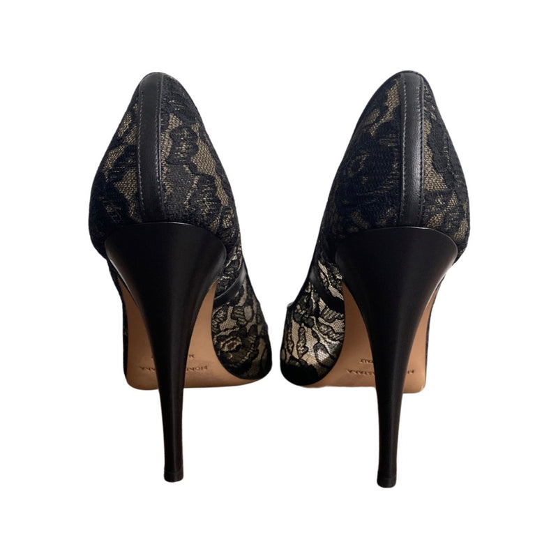 BIONDA CASTANA black lace leather open toe heels