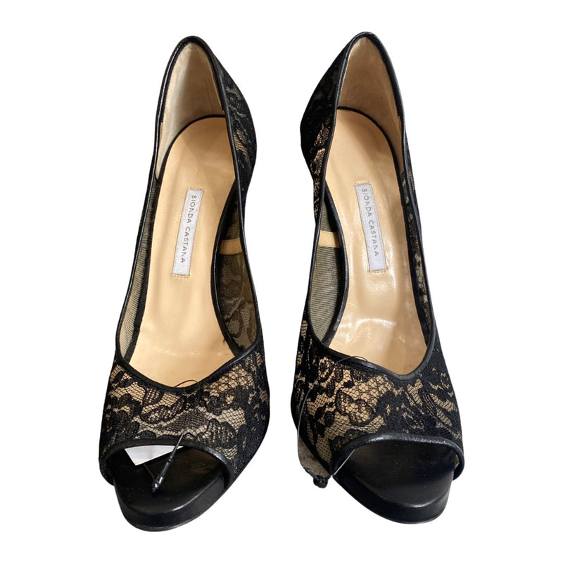 pre-owned BIONDA CASTANA black lace leather open toe heels | Size 38