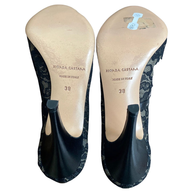 BIONDA CASTANA black lace leather open toe heels