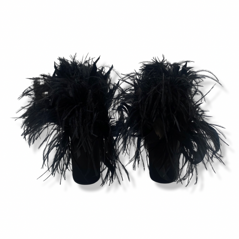 PRADA black satin feather-trimmed sandal heels
