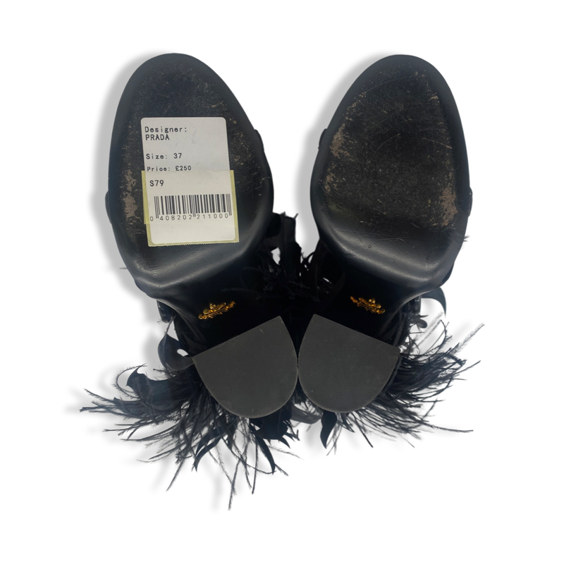 PRADA black satin feather-trimmed sandal heels