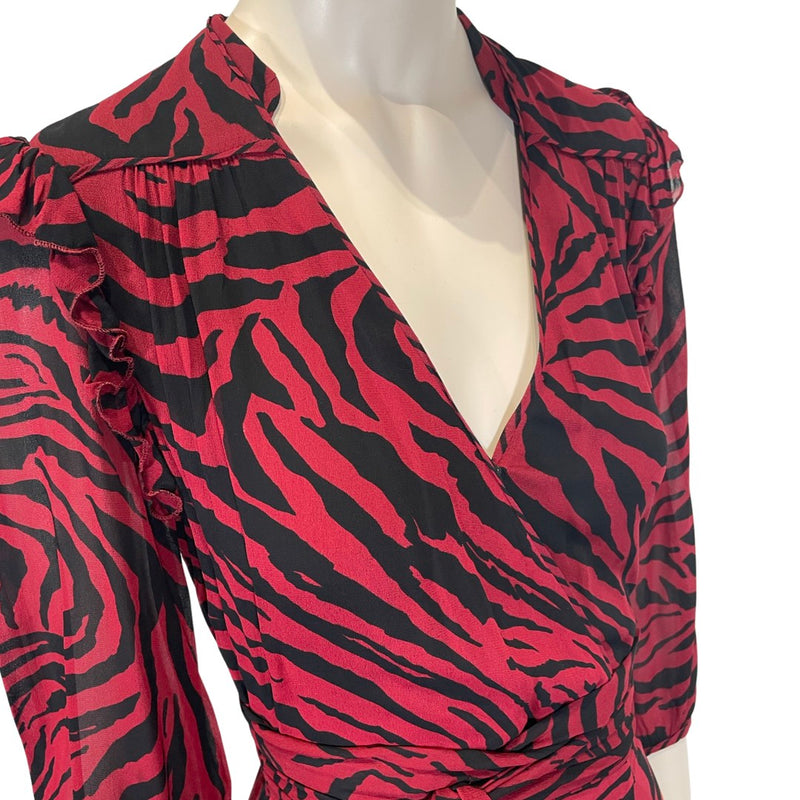 pre-loved BA&SH burgundy animal print viscose belted dress | Size 0