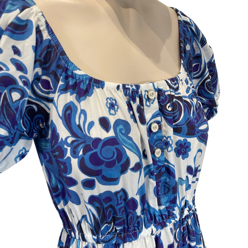 second-hand CAROLINE CONSTAS white and blue floral print cotton dress | Size XS