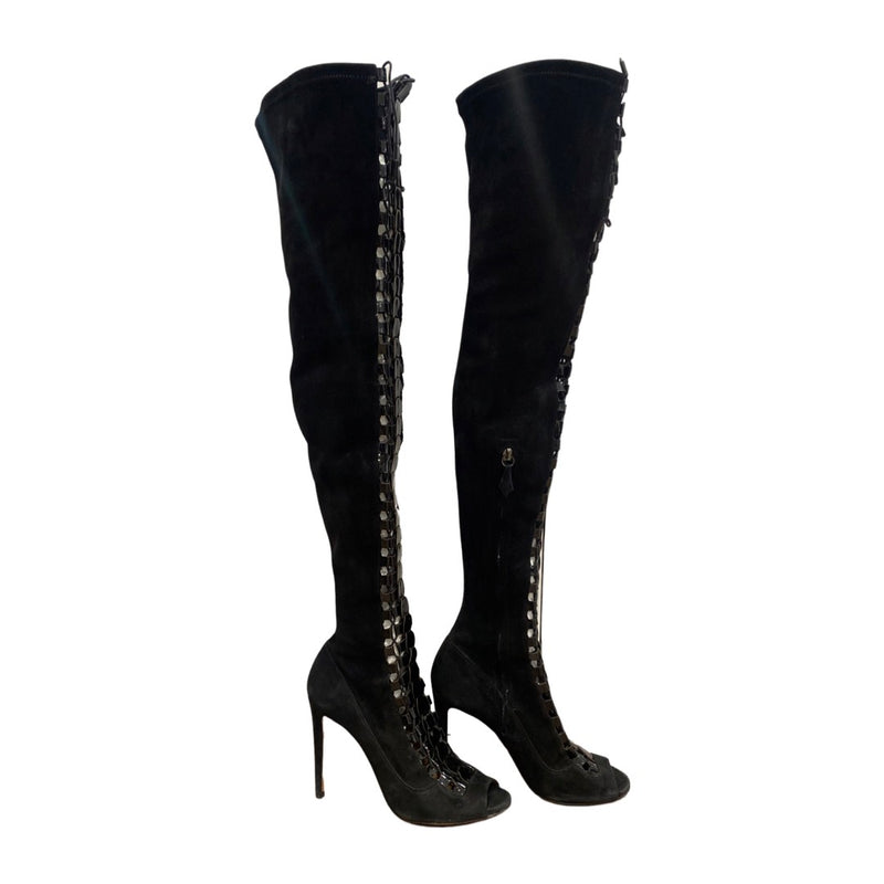 pre-loved AQUAZZURA black suede open toe over the knee boots | Size 38