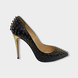 pre-owned CHRISTIAN LOUBOUTIN black and gold studded pumps | Size EU38 UK5