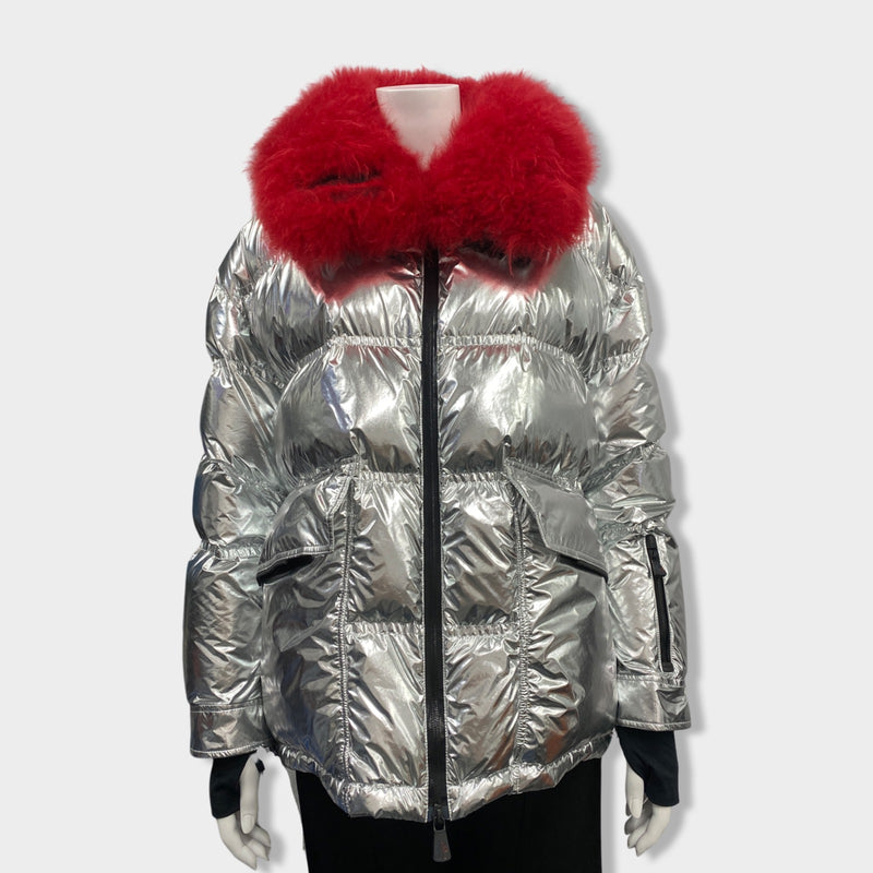 pre-owned MONCLER Grenoble silver and red ski puffer jacket with shearling collar | Size 1