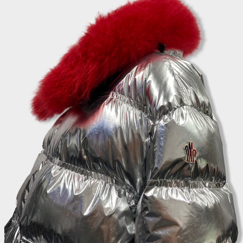 MONCLER Grenoble silver and red ski puffer jacket with shearling collar