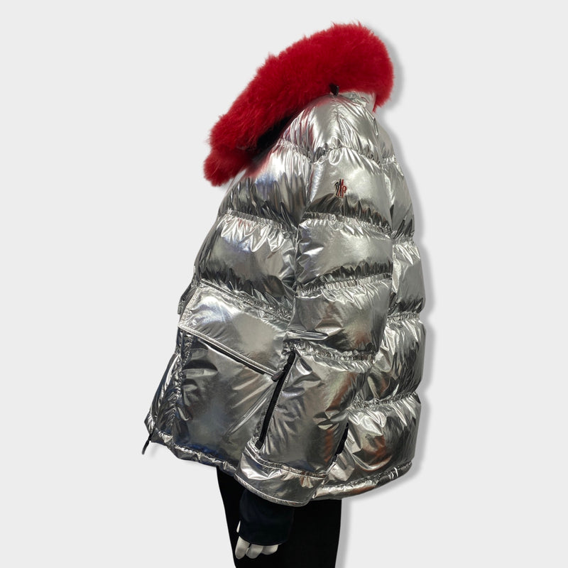 MONCLER Grenoble silver and red ski puffer jacket with shearling collar