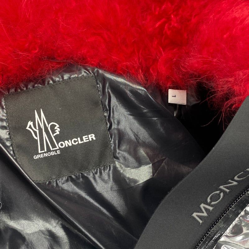 MONCLER Grenoble silver and red ski puffer jacket with shearling collar