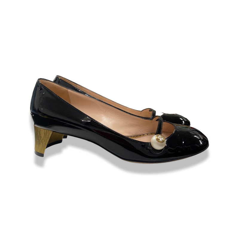 second-hand GUCCI black and gold patent leather pumps with pearls | Size 37.5