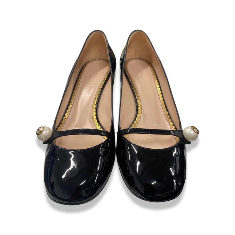 GUCCI black and gold patent leather pumps with pearls