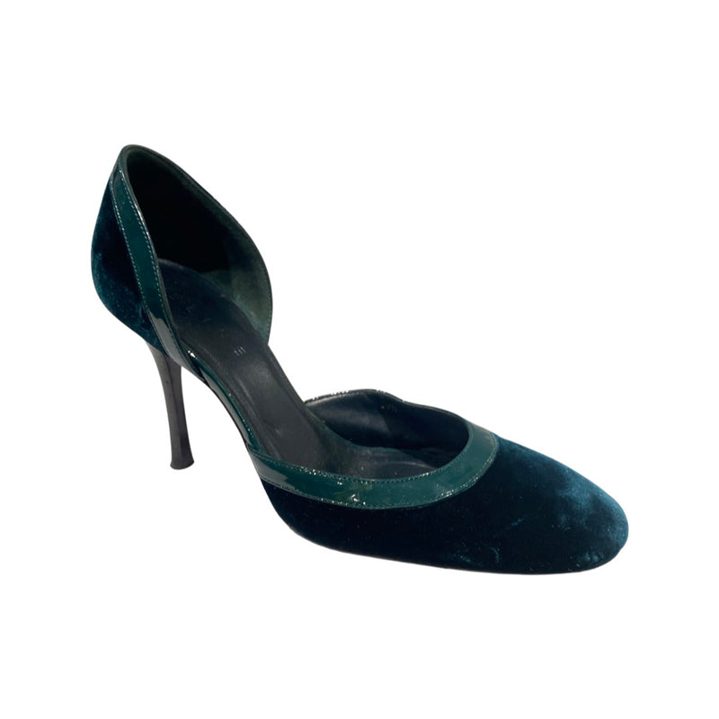 pre-owned Celine emerald green velvet and patent leather heels | Size 38.5