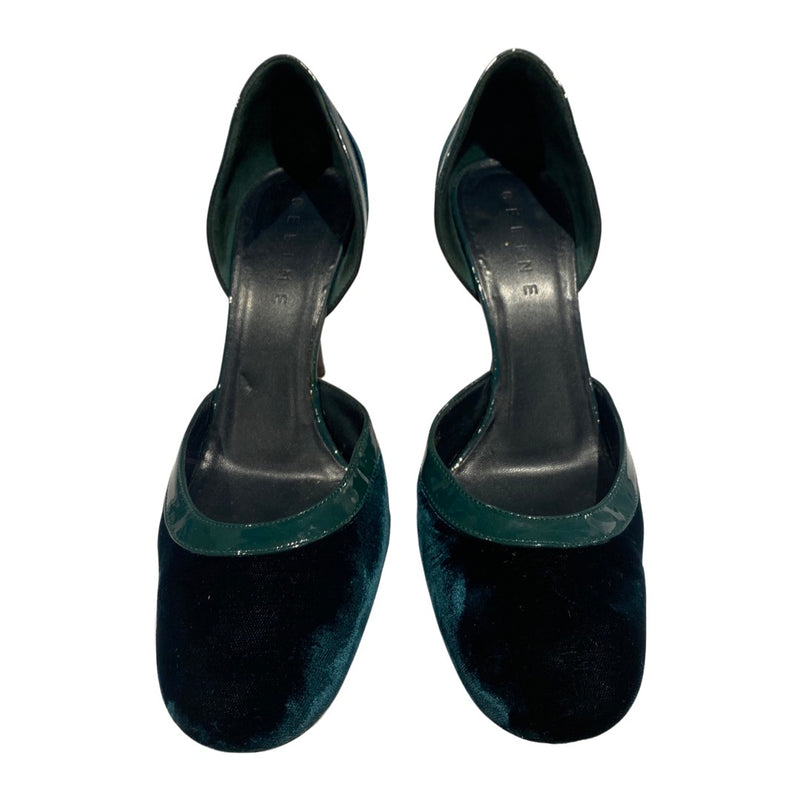 pre-loved Celine emerald green suede and patent leather heels | Size 38.5