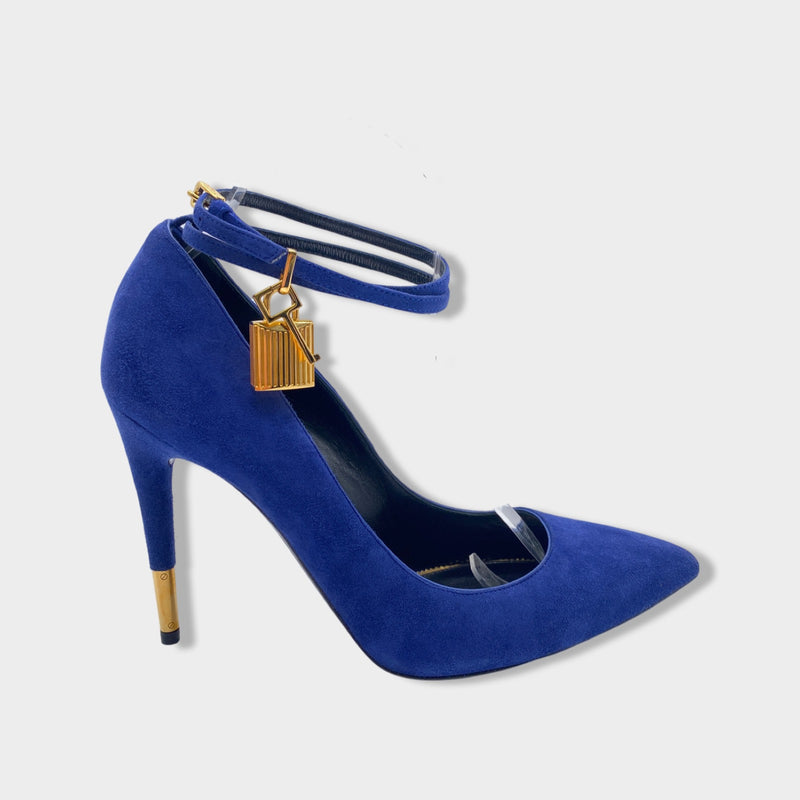 pre-owned TOM FORD lock electric blue and gold suede pumps | Size EU39 UK6