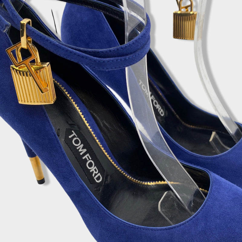 TOM FORD lock electric blue and gold suede pumps