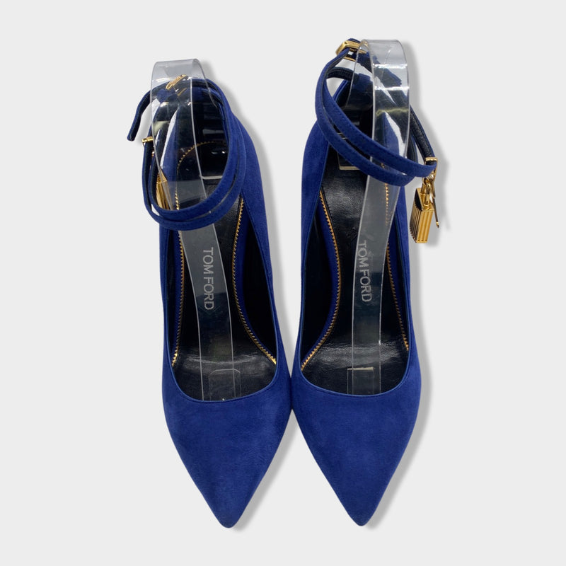 second-hand TOM FORD lock electric blue and gold suede pumps | Size EU39 UK6