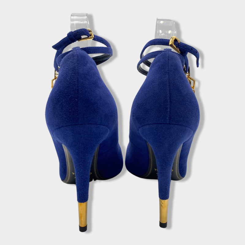 TOM FORD lock electric blue and gold suede pumps