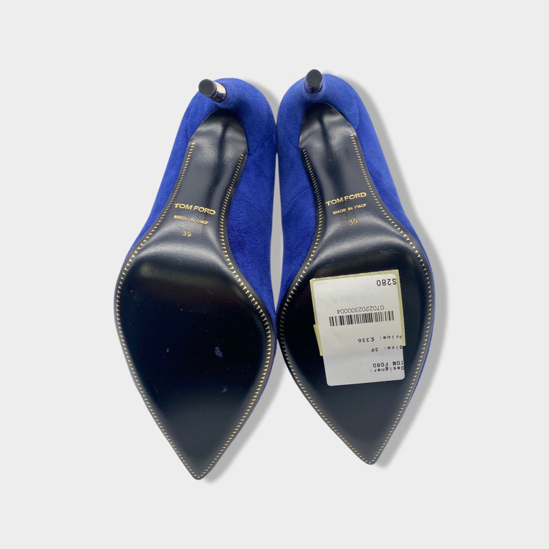 TOM FORD lock electric blue and gold suede pumps