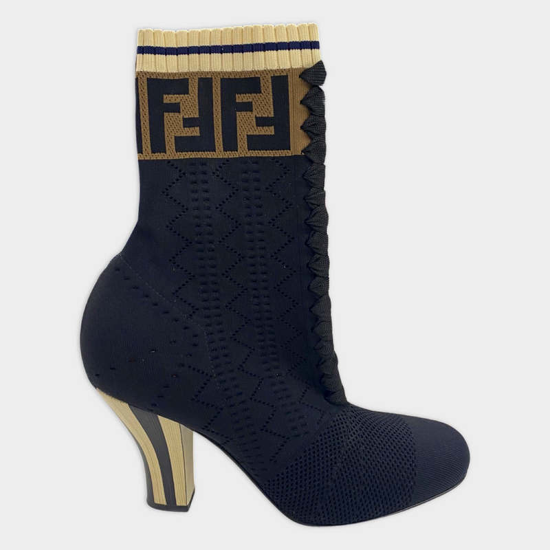 Second-hand FENDI black fabric boots with monogram Zucca detail