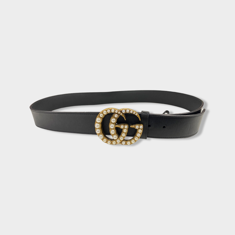 GUCCI black leather belt with pearl details