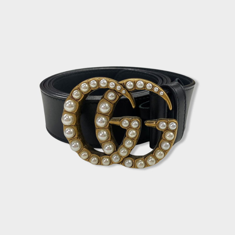 pre-owned GUCCI black leather belt with pearl details